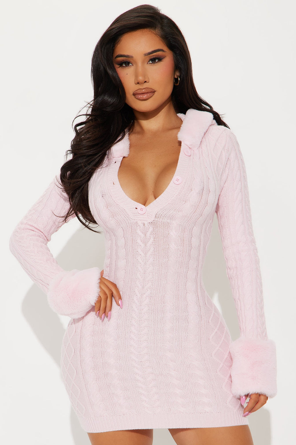 Keep Me Warm Cable Knit Mini Dress - Pink