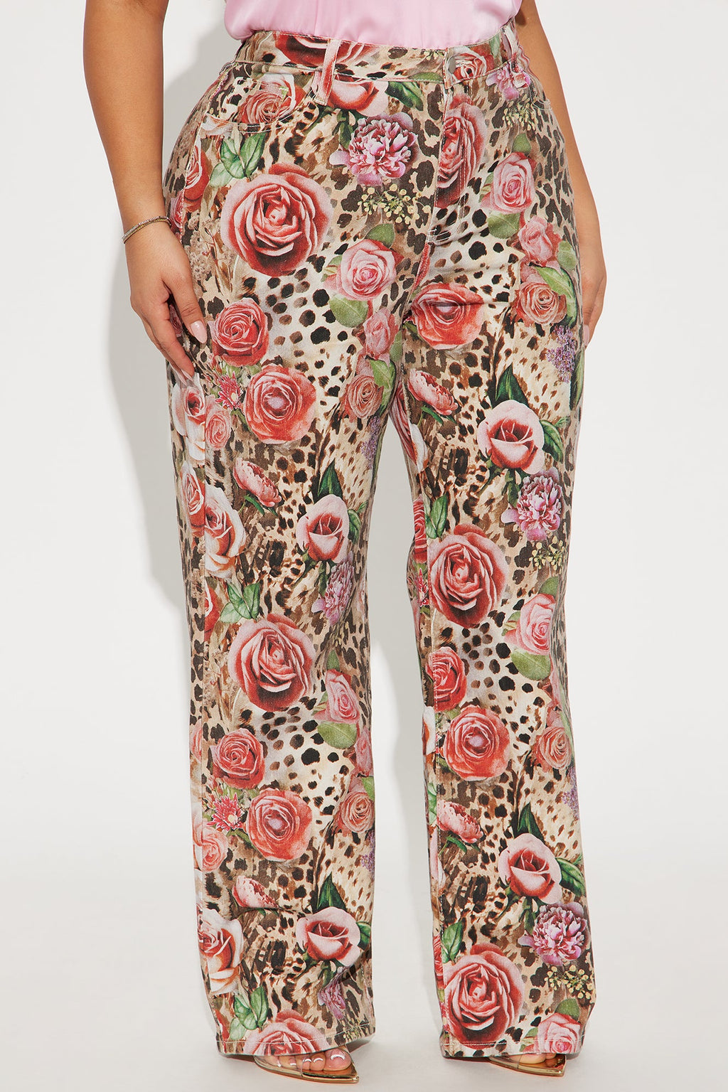 Keep Me Wild Floral Animal Print Stretch Baggy Jeans - Brown Combo