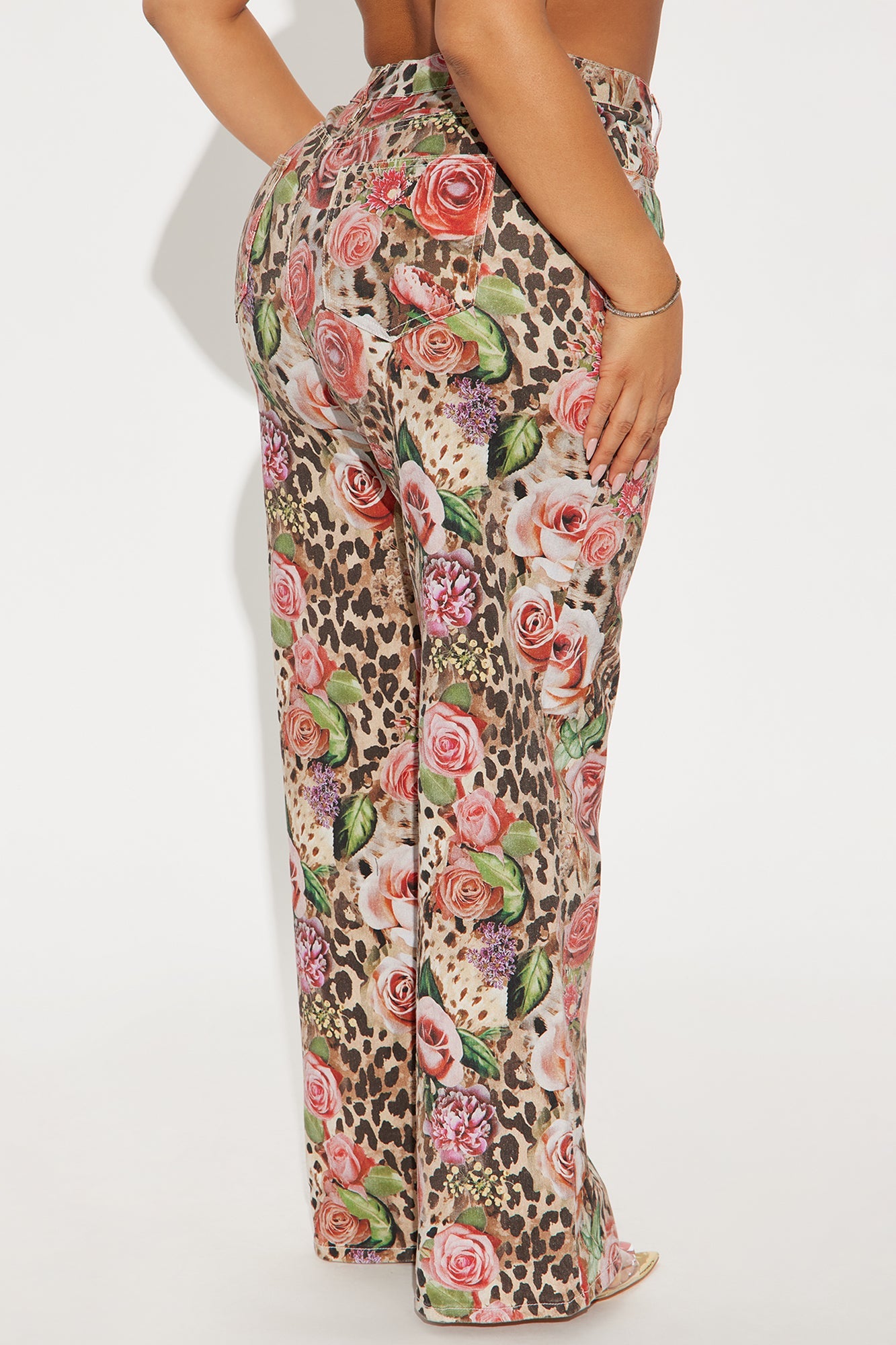 Keep Me Wild Floral Animal Print Stretch Baggy Jeans - Brown Combo