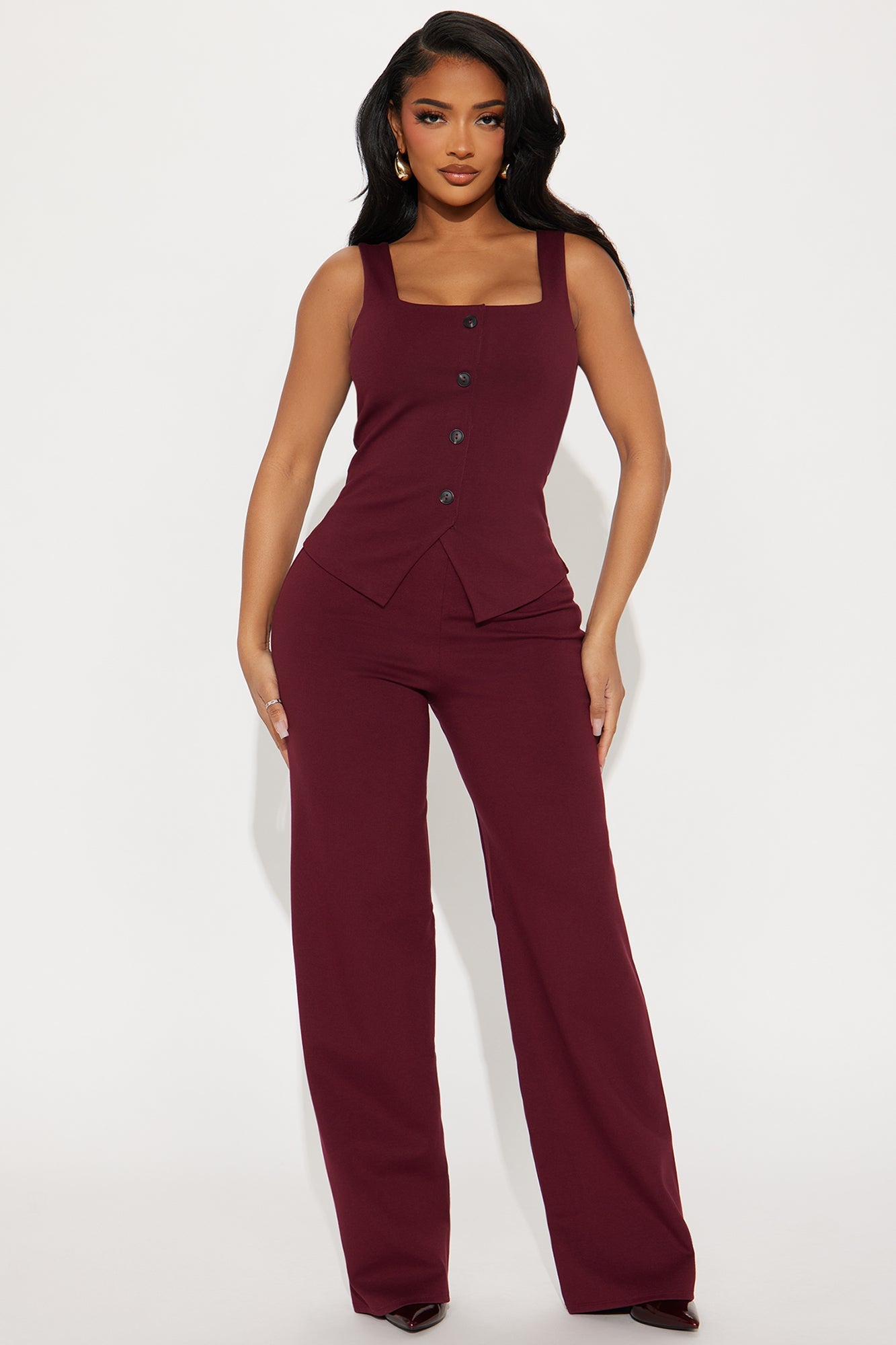 Lexi Square Neck Vest Pant Set - Wine