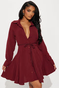 Gloria Tie Waist Mini Shirt Dress - Wine