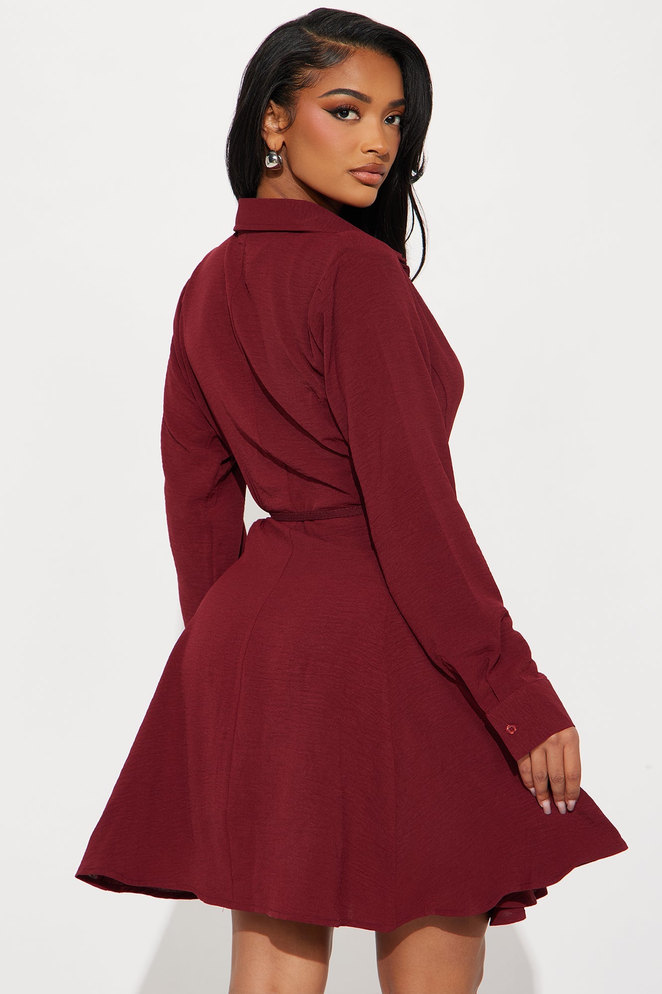 Gloria Tie Waist Mini Shirt Dress - Wine