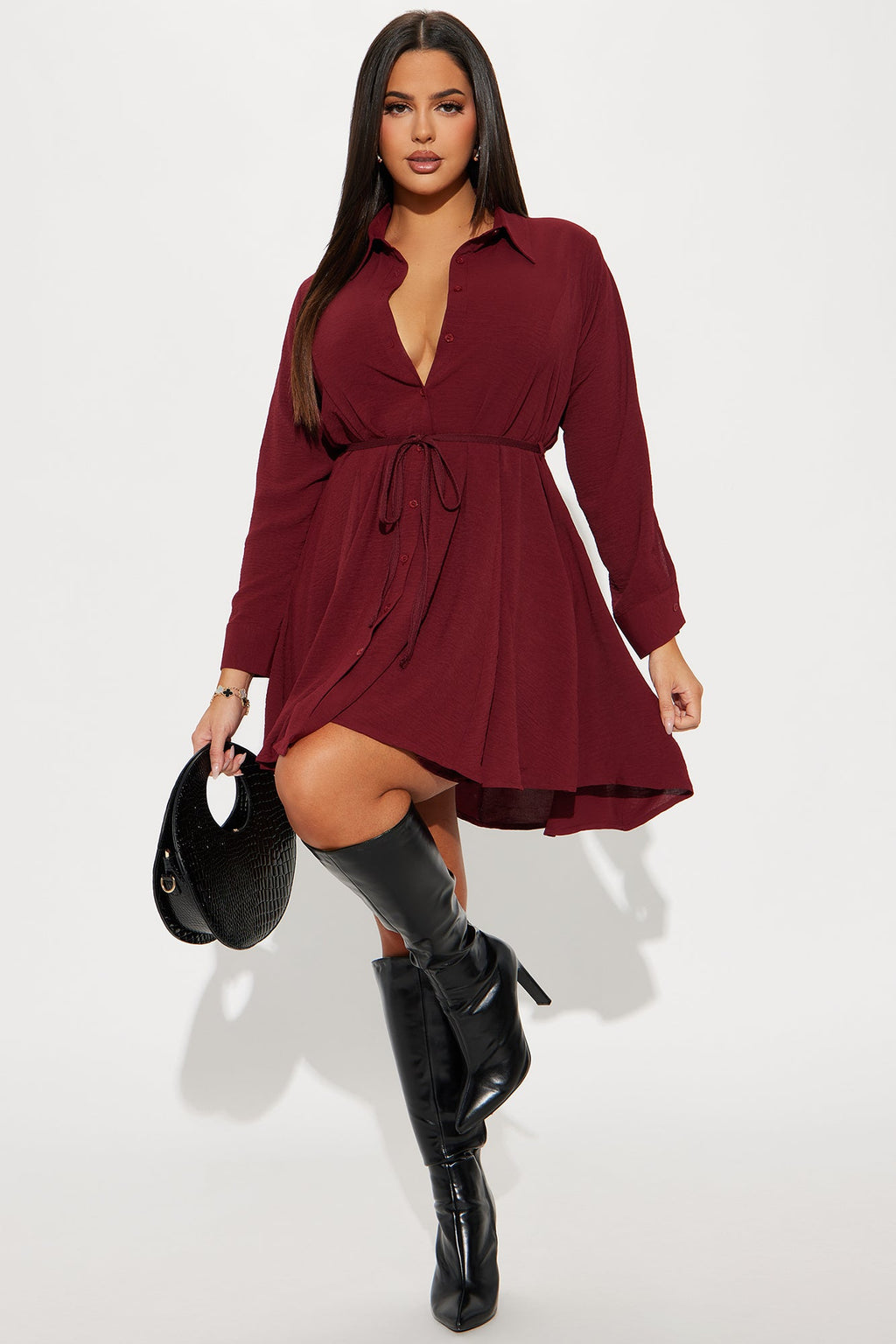 Gloria Tie Waist Mini Shirt Dress - Wine