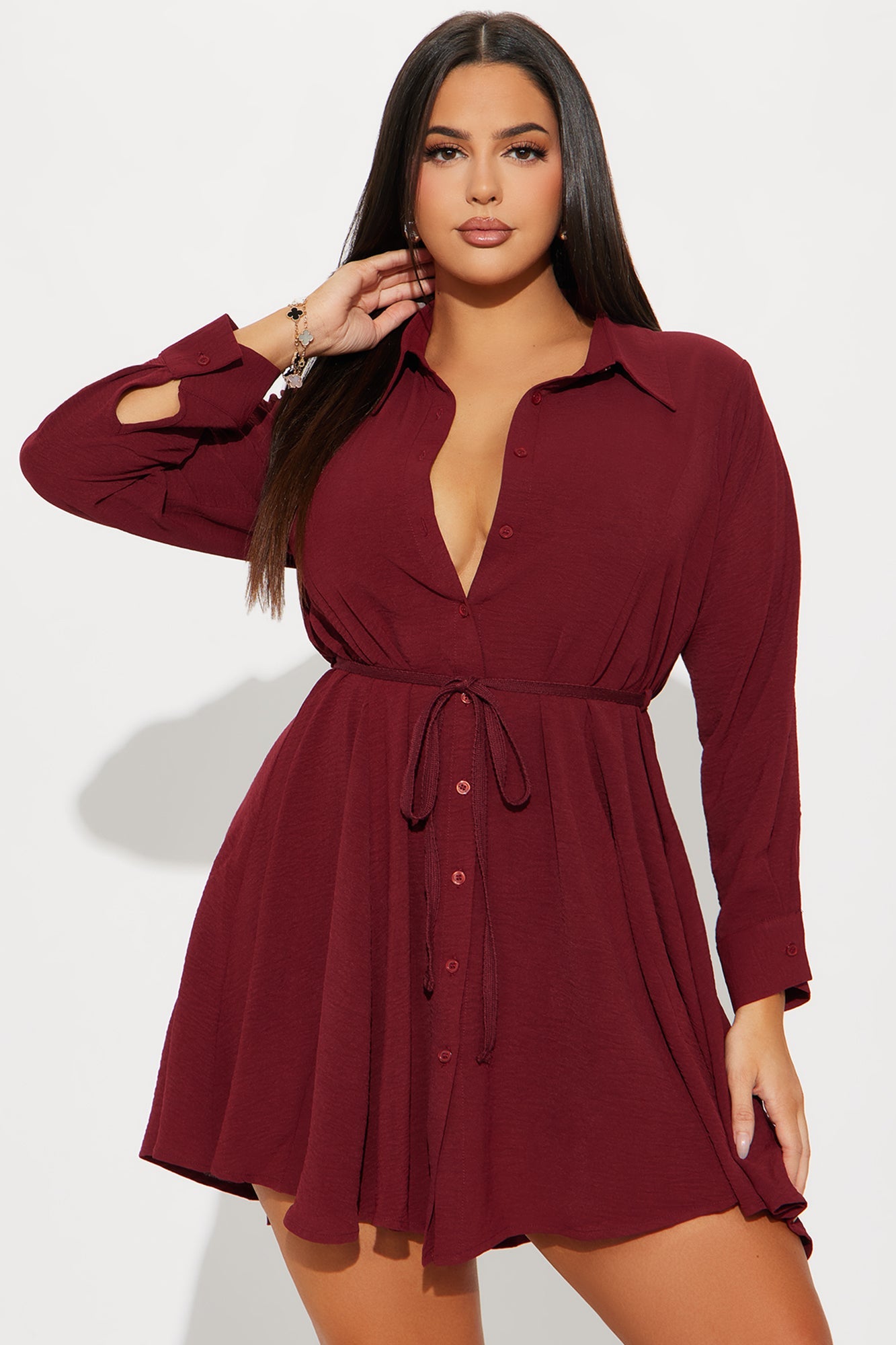 Gloria Tie Waist Mini Shirt Dress - Wine