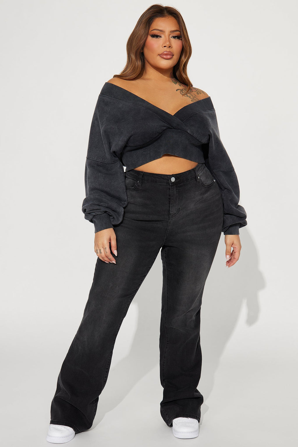 Amara Fleece Off Shoulder Sweatshirt - Black