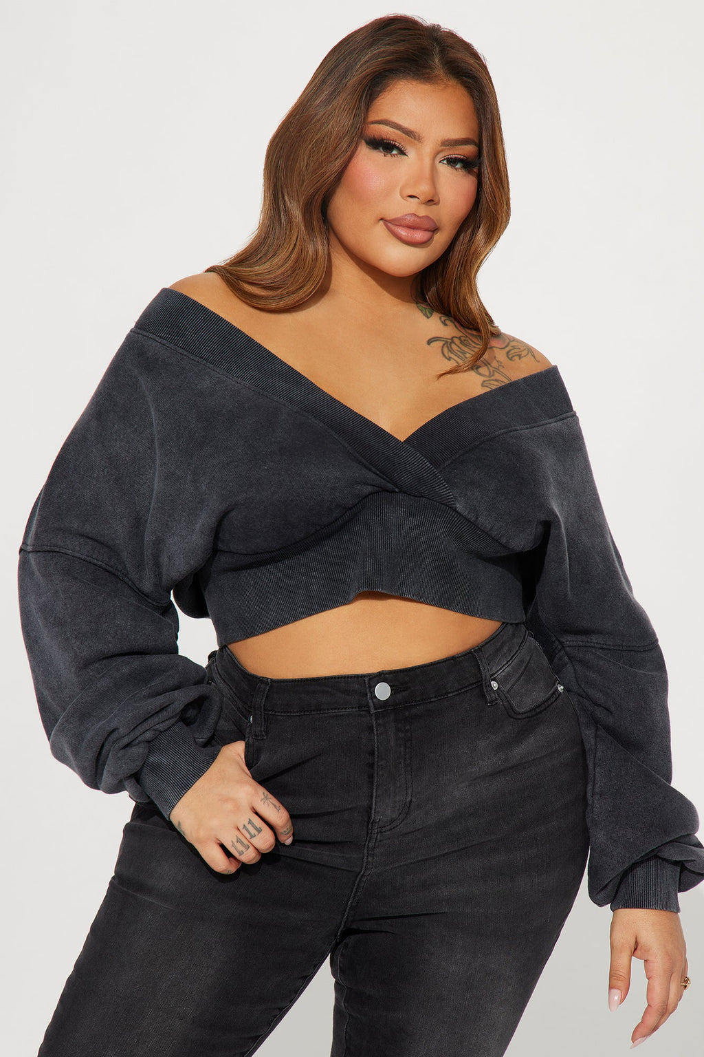 Amara Fleece Off Shoulder Sweatshirt - Black