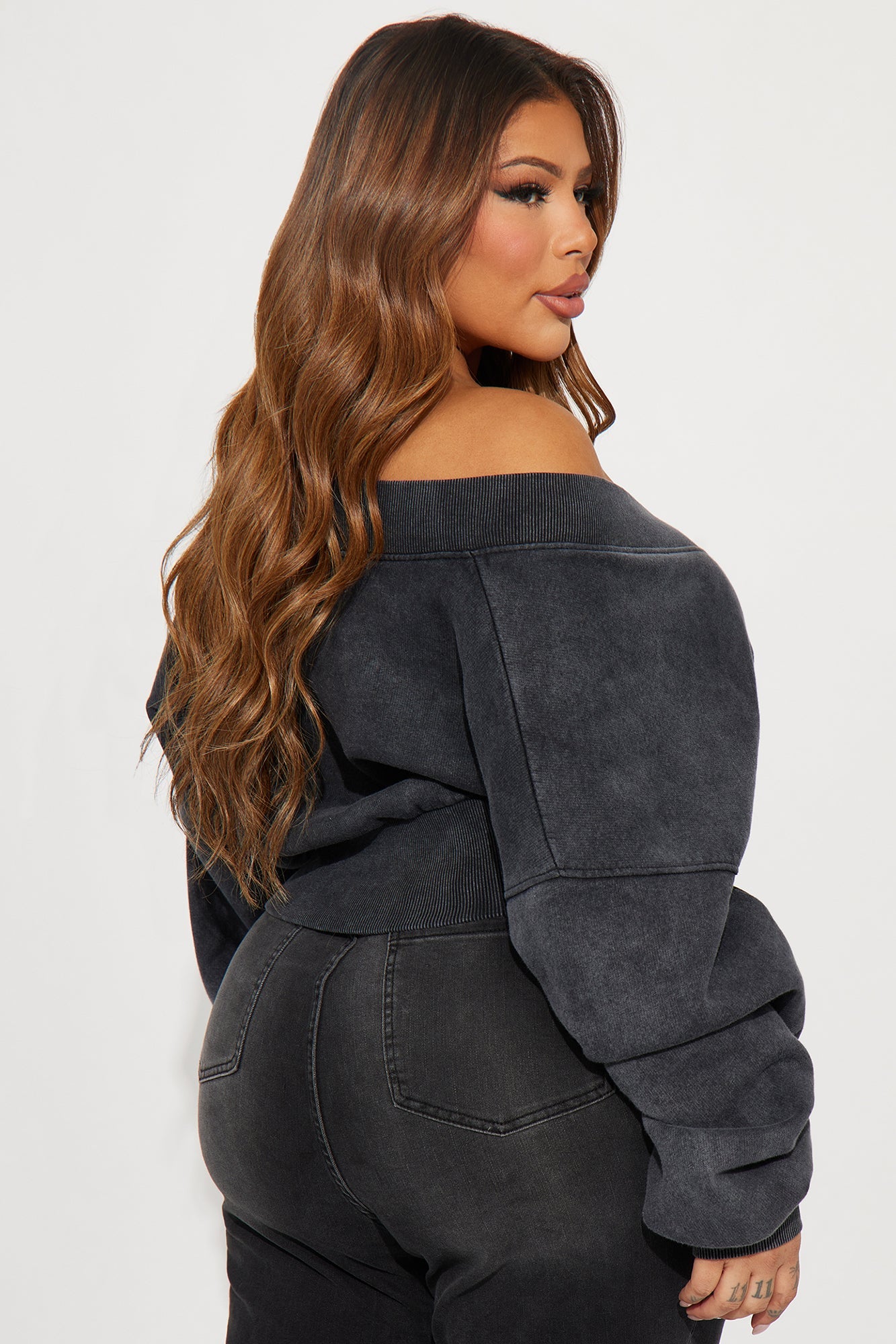 Amara Fleece Off Shoulder Sweatshirt - Black