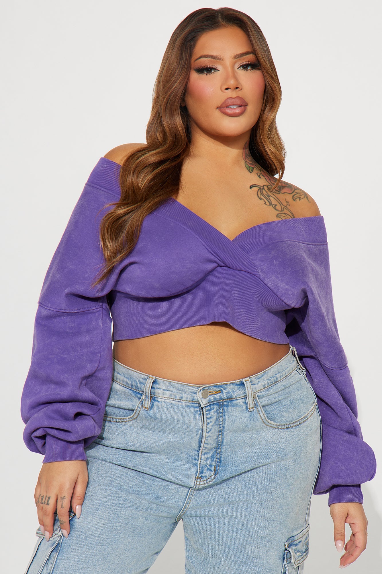 Amara Fleece Off Shoulder Sweatshirt - Purple