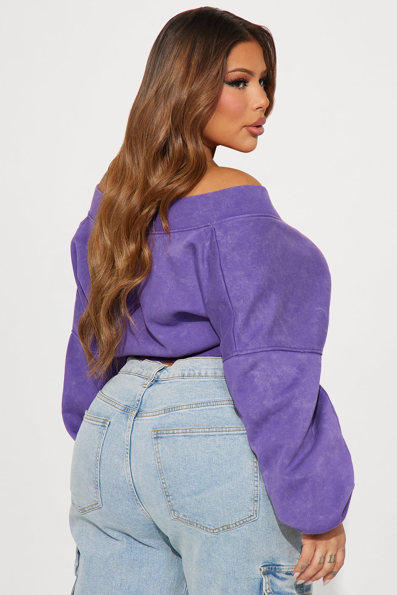 Amara Fleece Off Shoulder Sweatshirt - Purple
