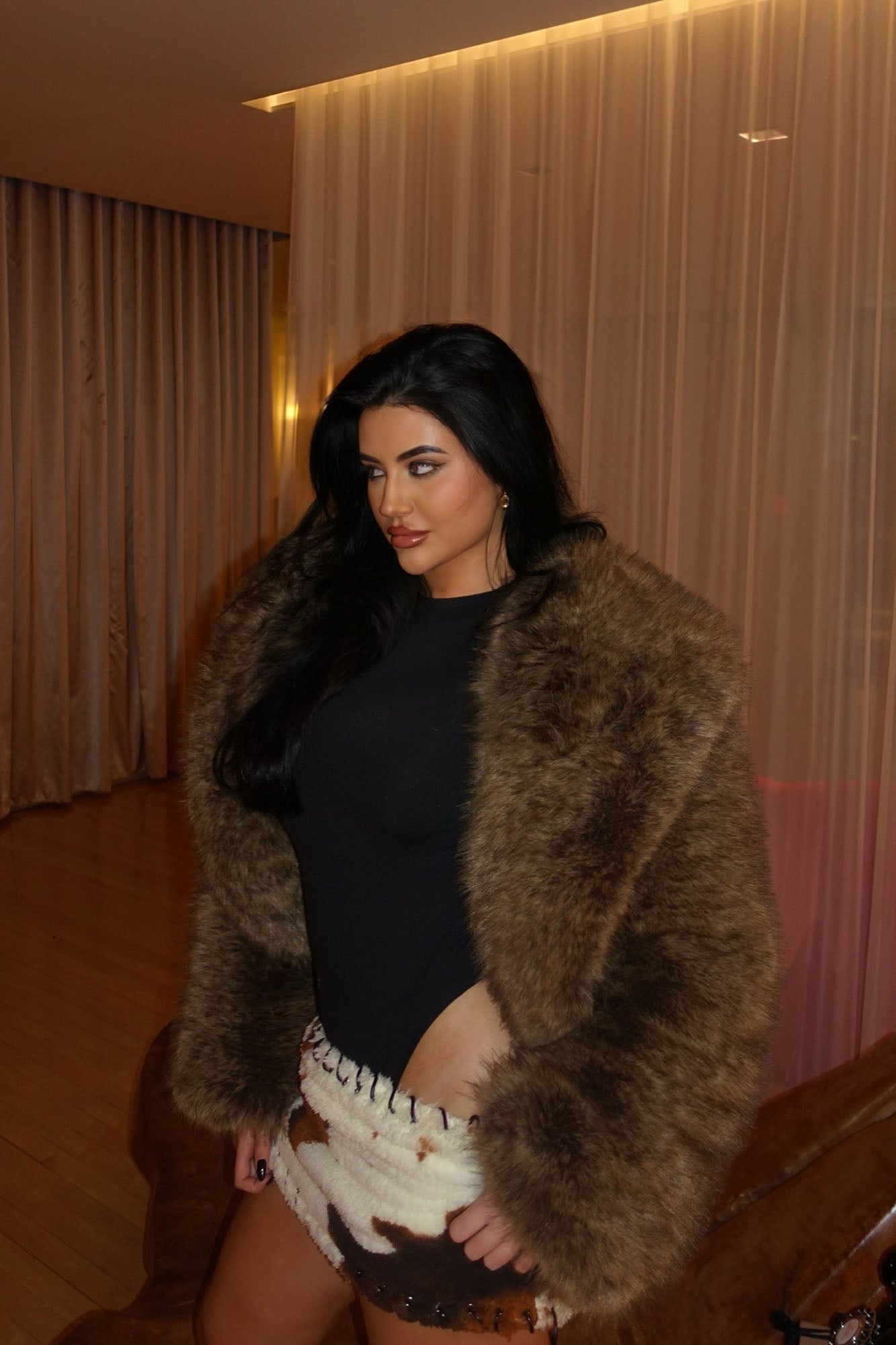 Millie Sherpa Micro Mini Skirt - Brown/combo