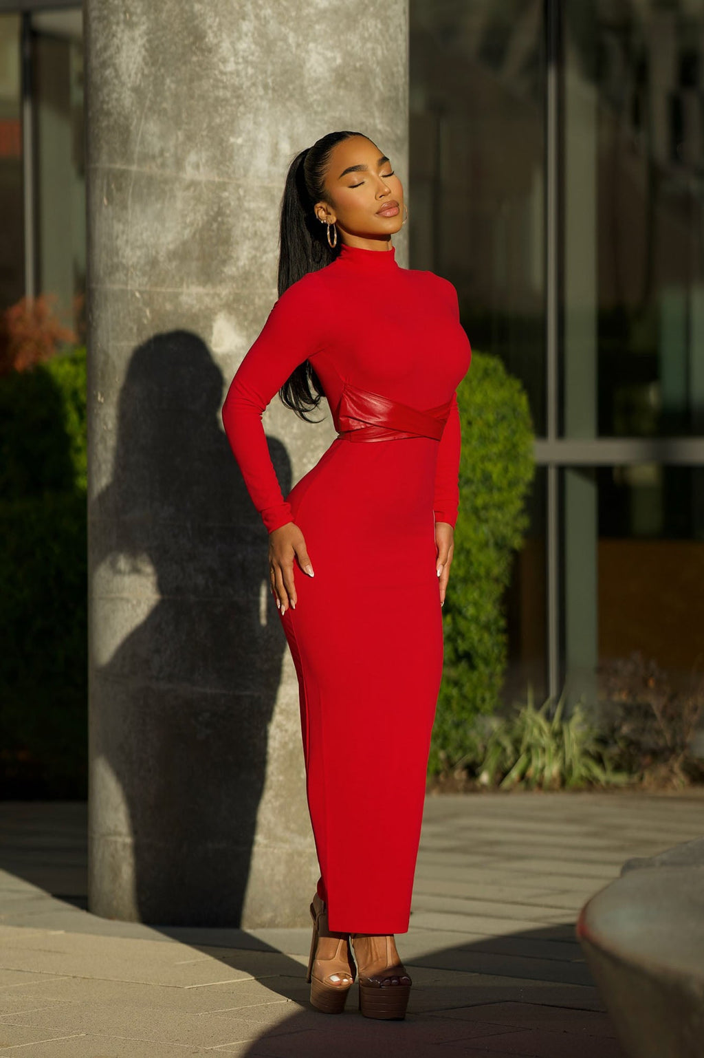 Brianna Belted Maxi Dress - Red