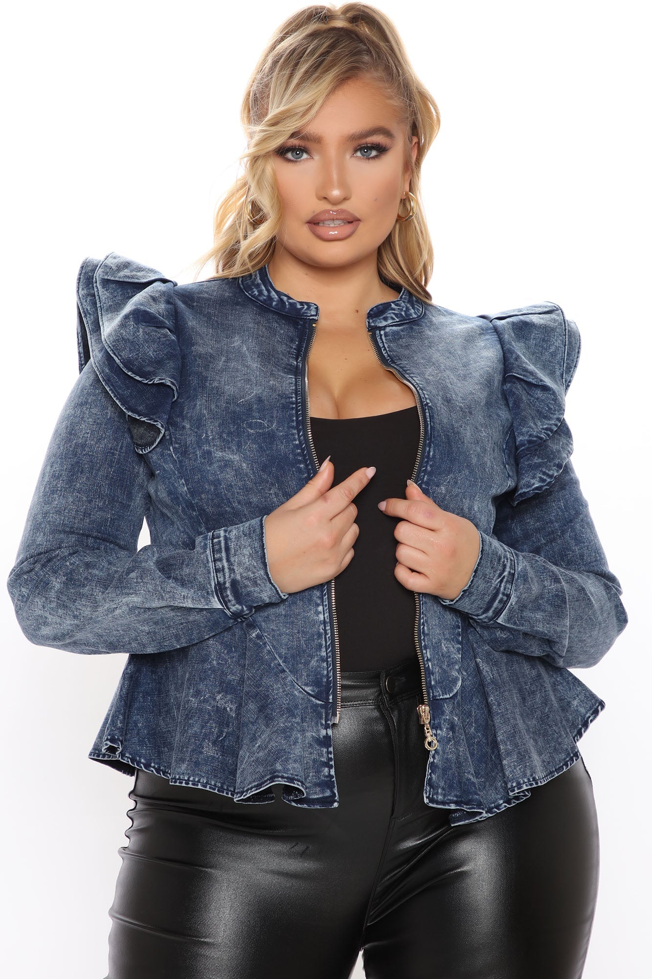 Denim Queen Peplum Jacket - Medium Blue Wash