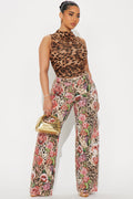 Keep Me Wild Floral Animal Print Stretch Baggy Jeans - Brown Combo