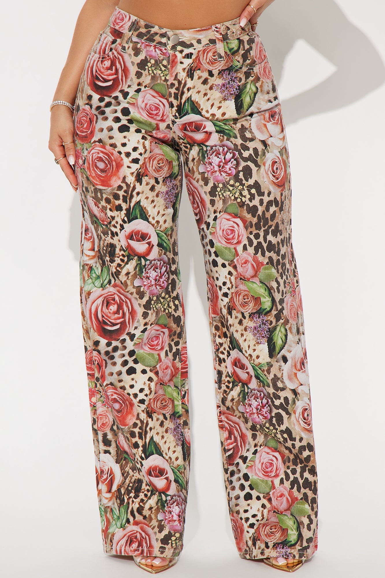 Keep Me Wild Floral Animal Print Stretch Baggy Jeans - Brown Combo