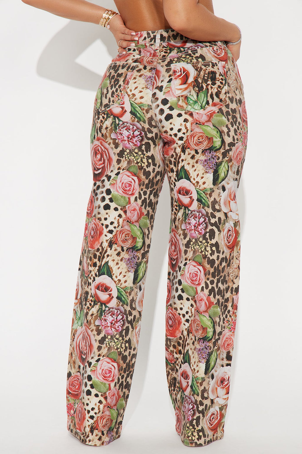 Keep Me Wild Floral Animal Print Stretch Baggy Jeans - Brown Combo