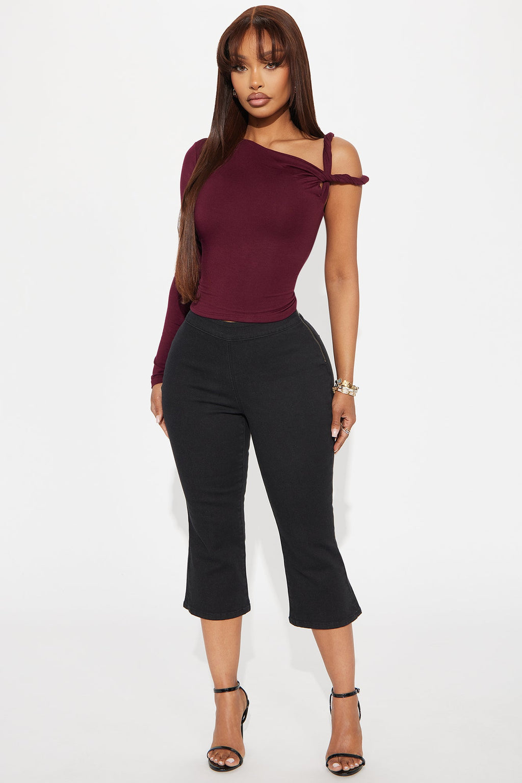 Kendra One Shoulder Long Sleeve Top - Burgundy