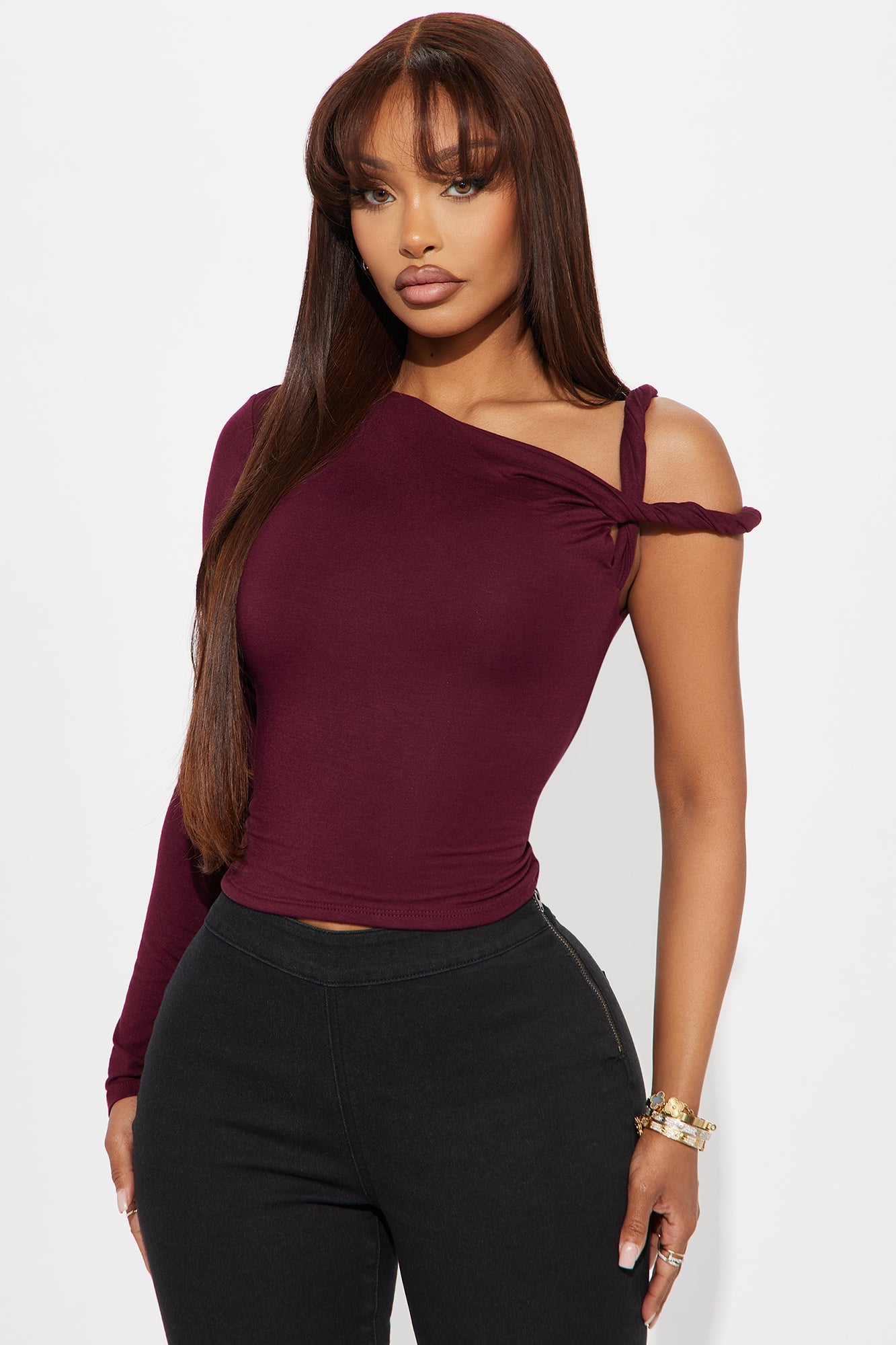 Kendra One Shoulder Long Sleeve Top - Burgundy