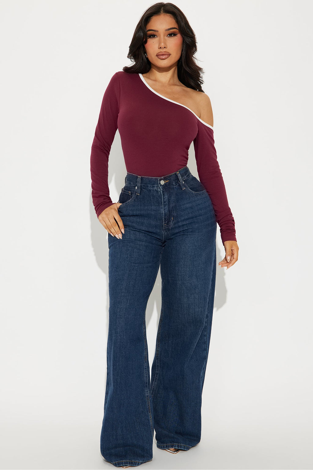 Macie Off Shoulder Long Sleeve Top - Burgundy/combo