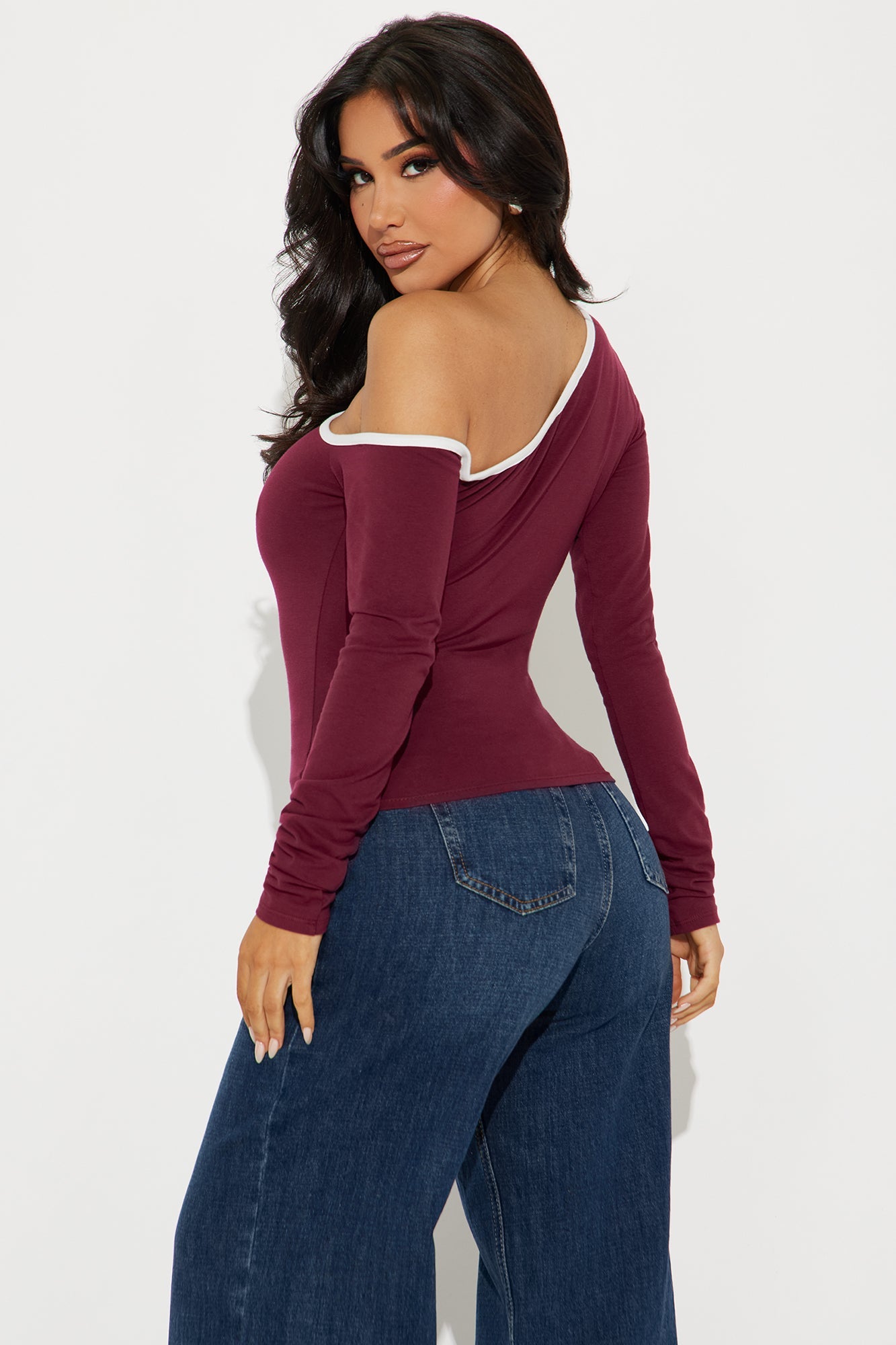 Macie Off Shoulder Long Sleeve Top - Burgundy/combo