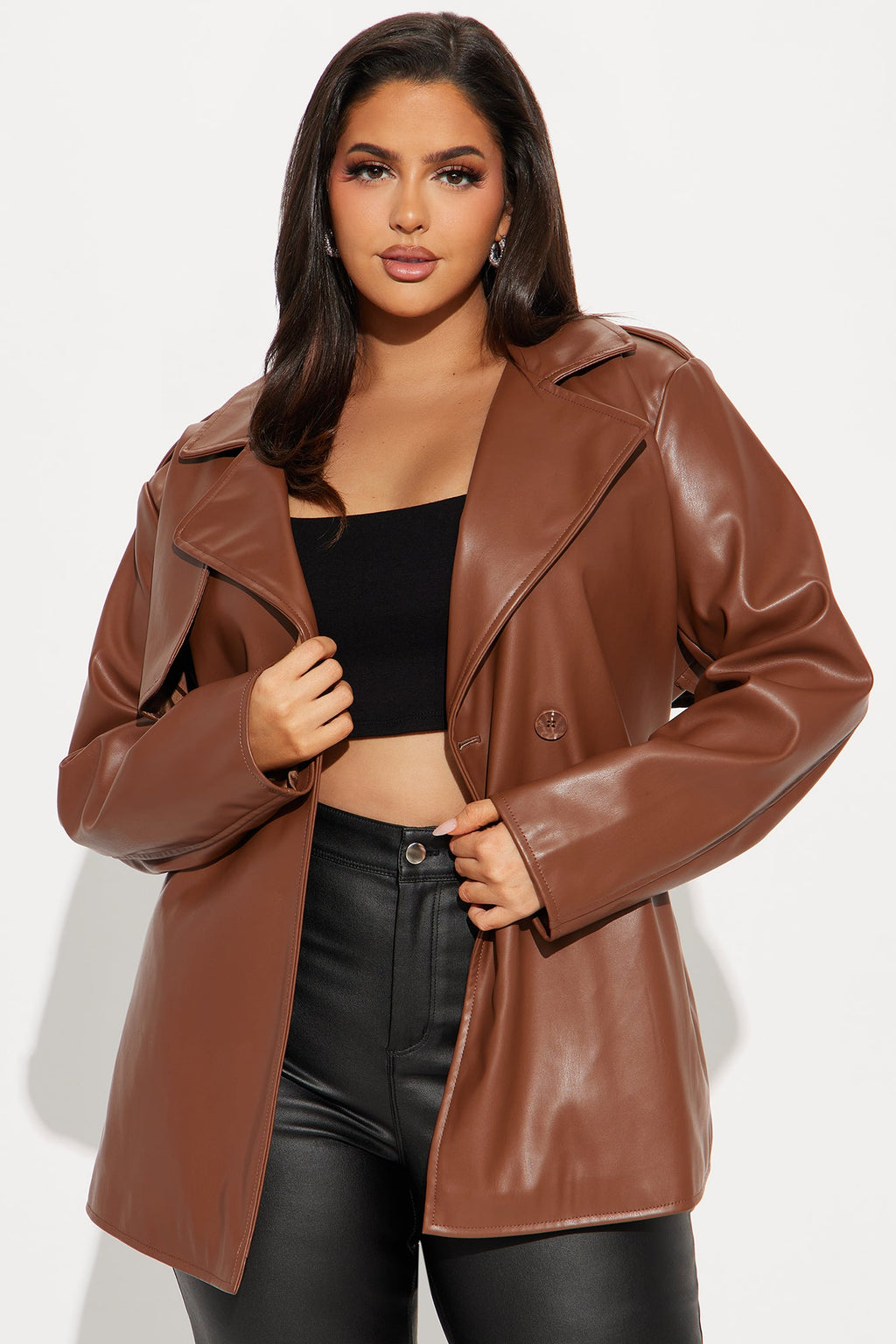 Mariah Belted Faux Leather Trench - Chocolate