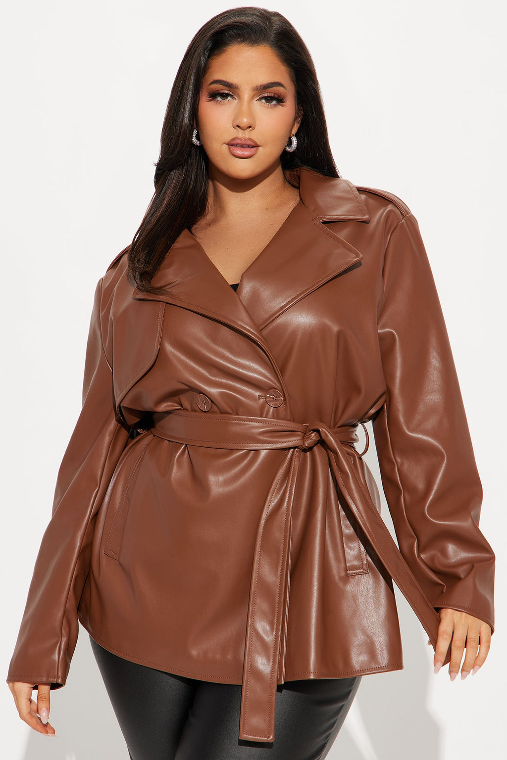 Mariah Belted Faux Leather Trench - Chocolate