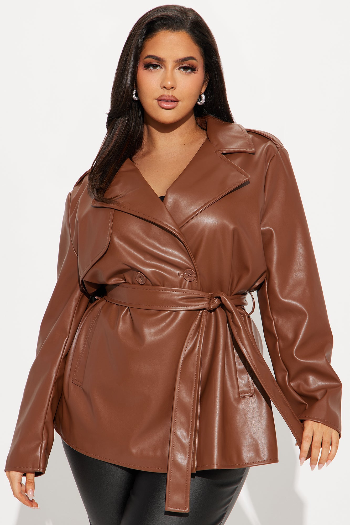 Mariah Belted Faux Leather Trench - Chocolate