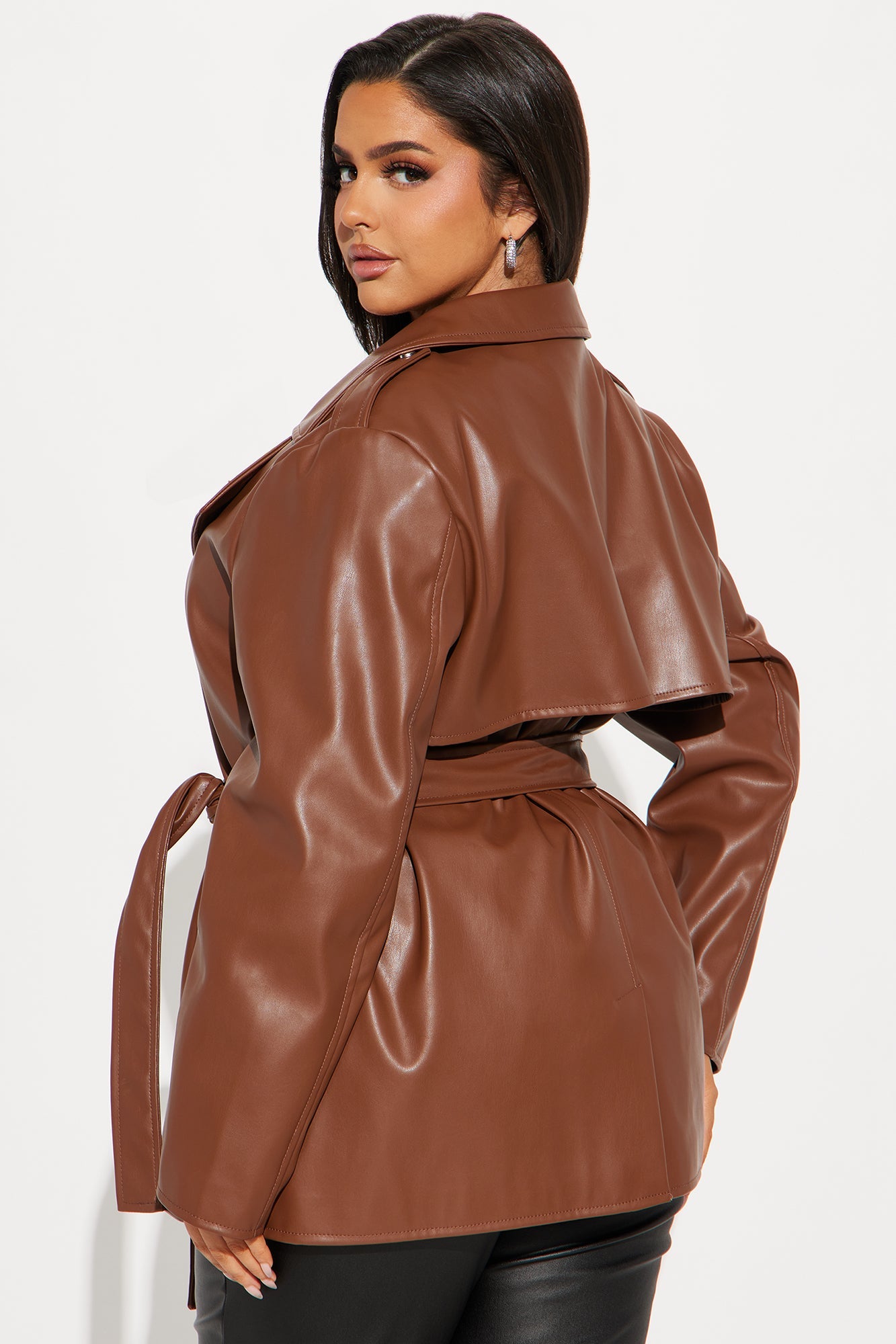 Mariah Belted Faux Leather Trench - Chocolate