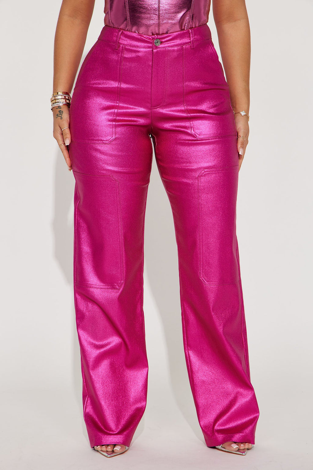 I Want More Metallic Coated Pant - Pink