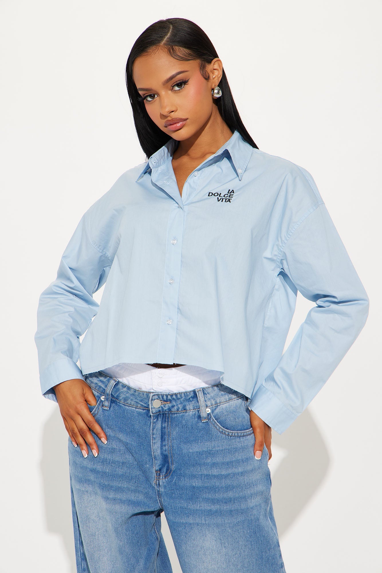 La Dolce Vita Poplin Cropped Shirt - Blue