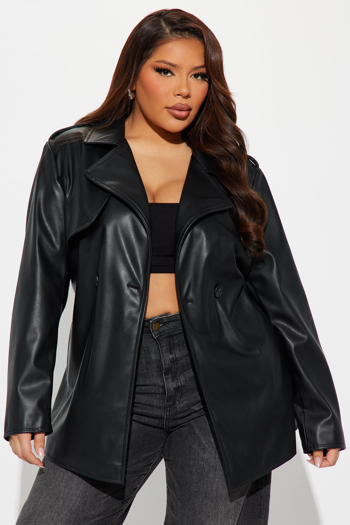 Mariah Belted Faux Leather Trench - Black