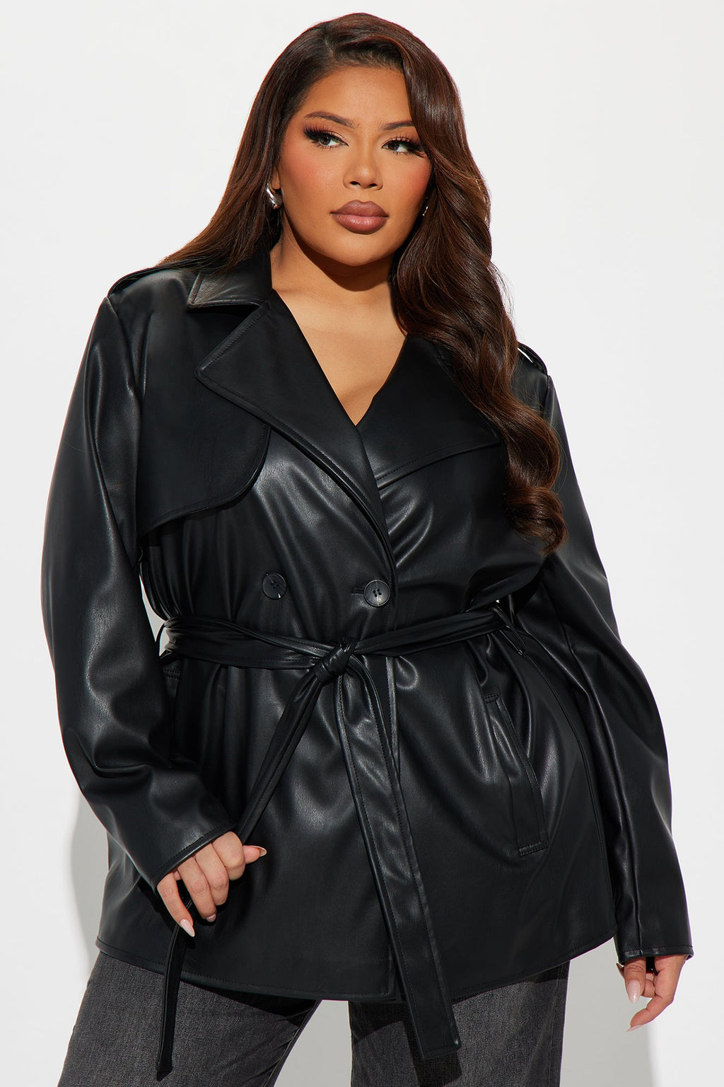 Mariah Belted Faux Leather Trench - Black