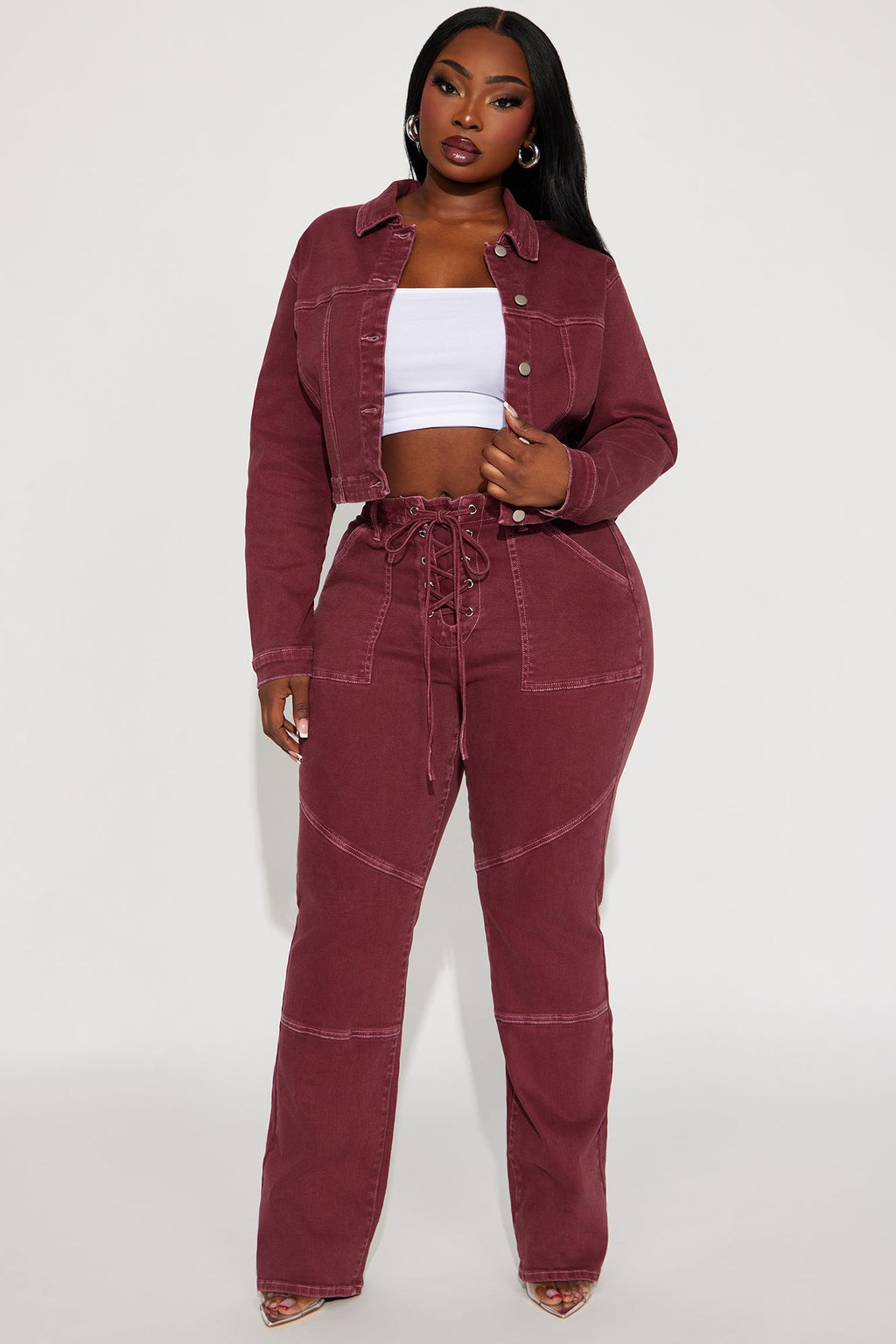 Bordeaux Lace Up Bootcut Jeans - Wine