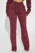 Bordeaux Lace Up Bootcut Jeans - Wine