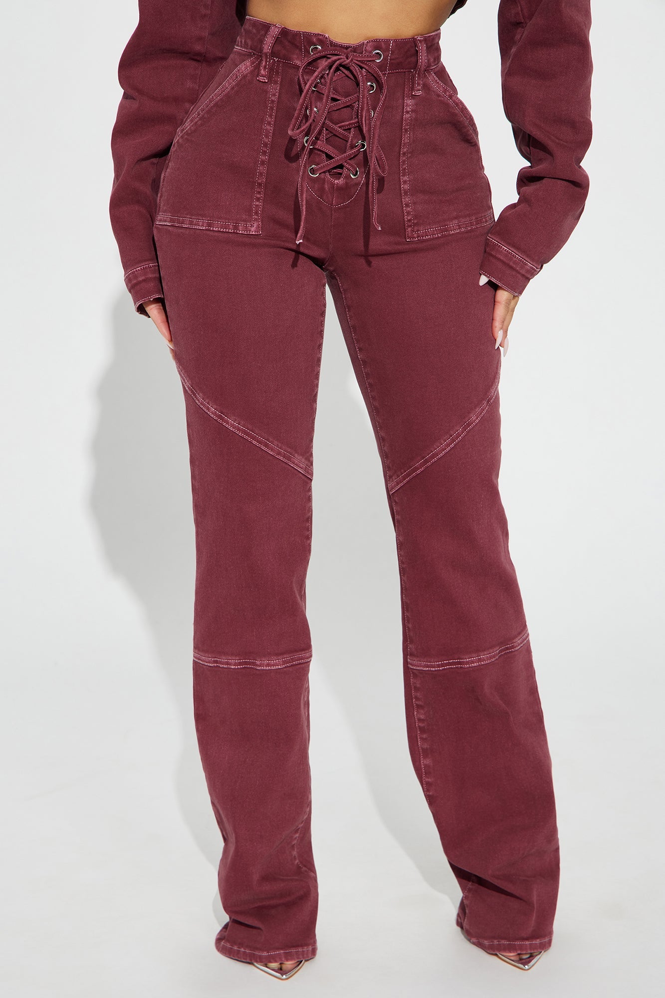 Bordeaux Lace Up Bootcut Jeans - Wine
