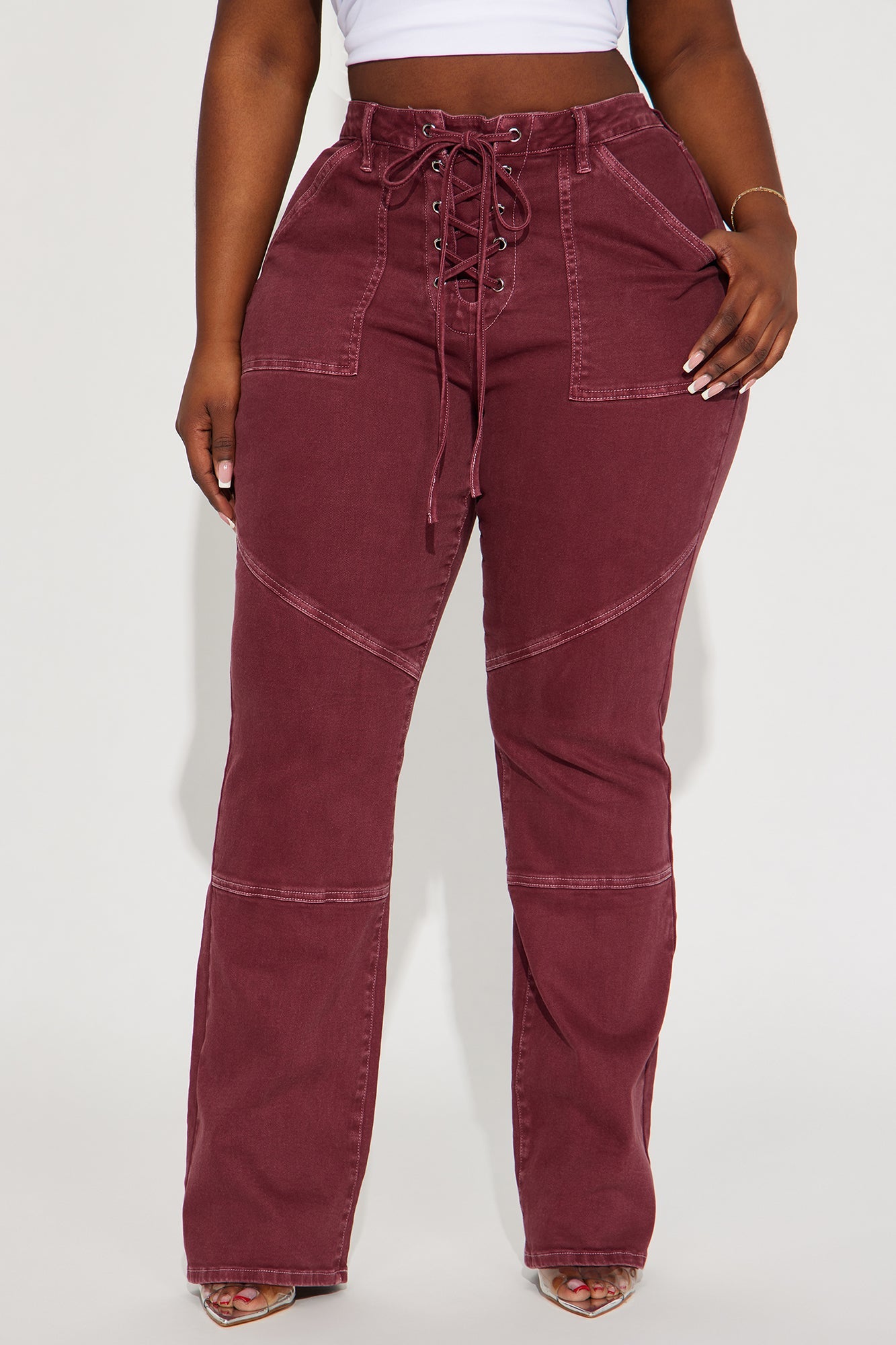 Bordeaux Lace Up Bootcut Jeans - Wine