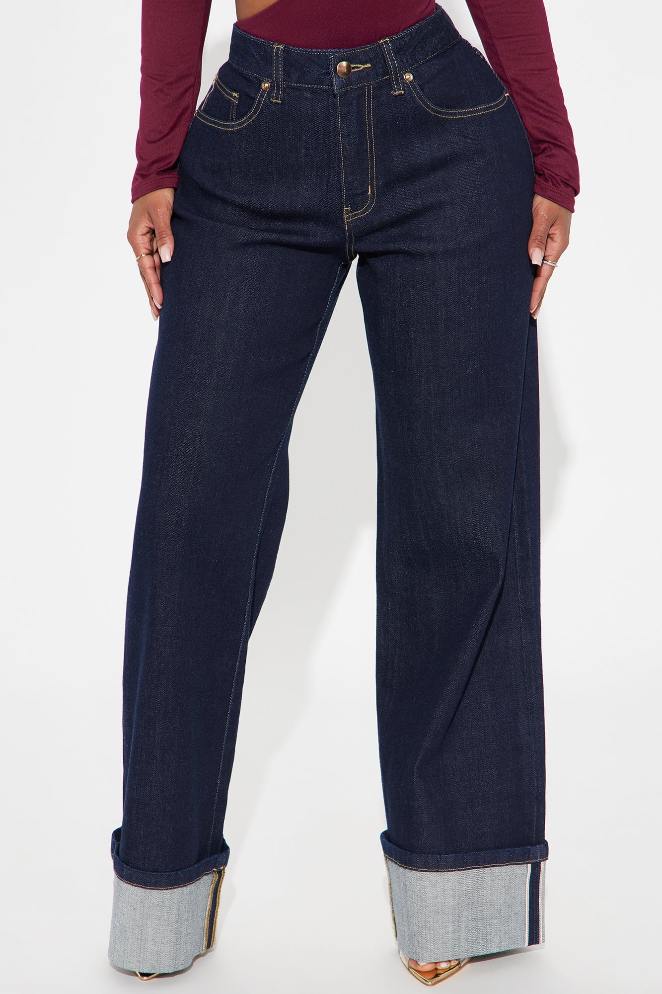 Premium Cuffed Straight Leg Jeans - Dark Wash