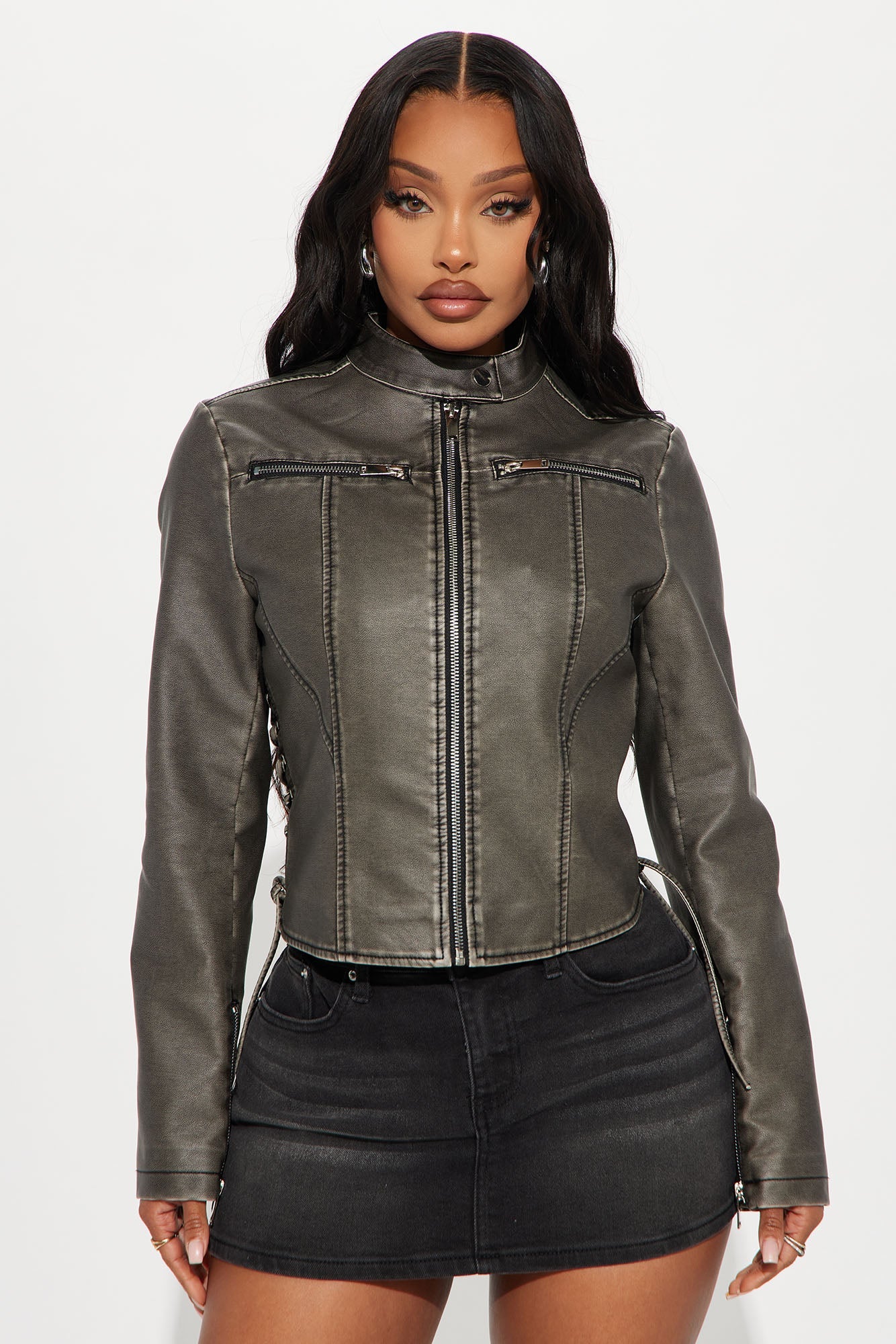 Leona Faux Leather Lace Up Jacket - Black