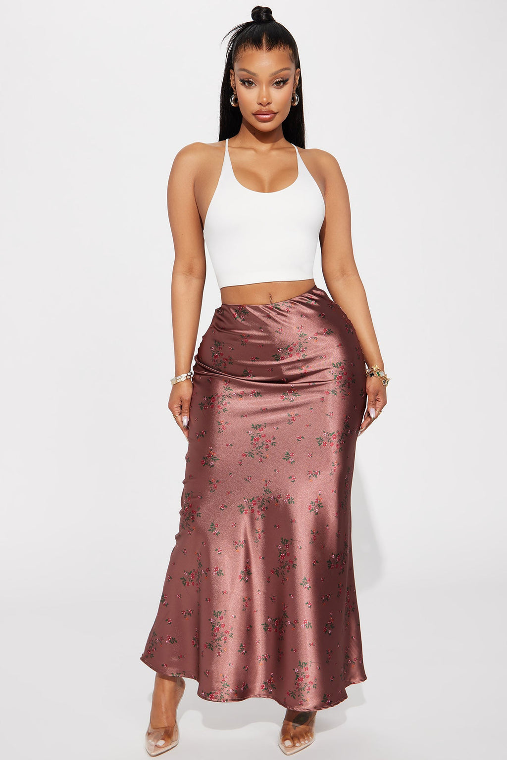 Buy Myself Flowers Satin Maxi Skirt - Copper