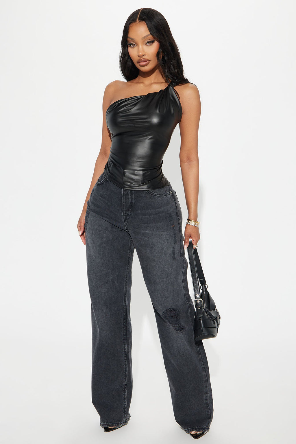 Fable Faux Leather One Shoulder Top - Black