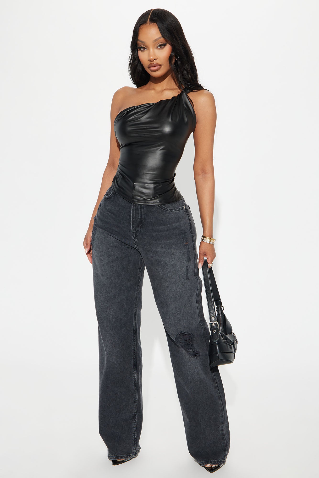 Fable Faux Leather One Shoulder Top - Black