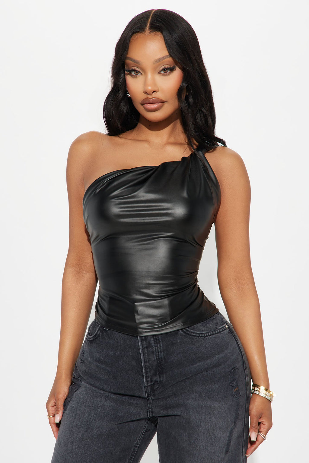 Fable Faux Leather One Shoulder Top - Black