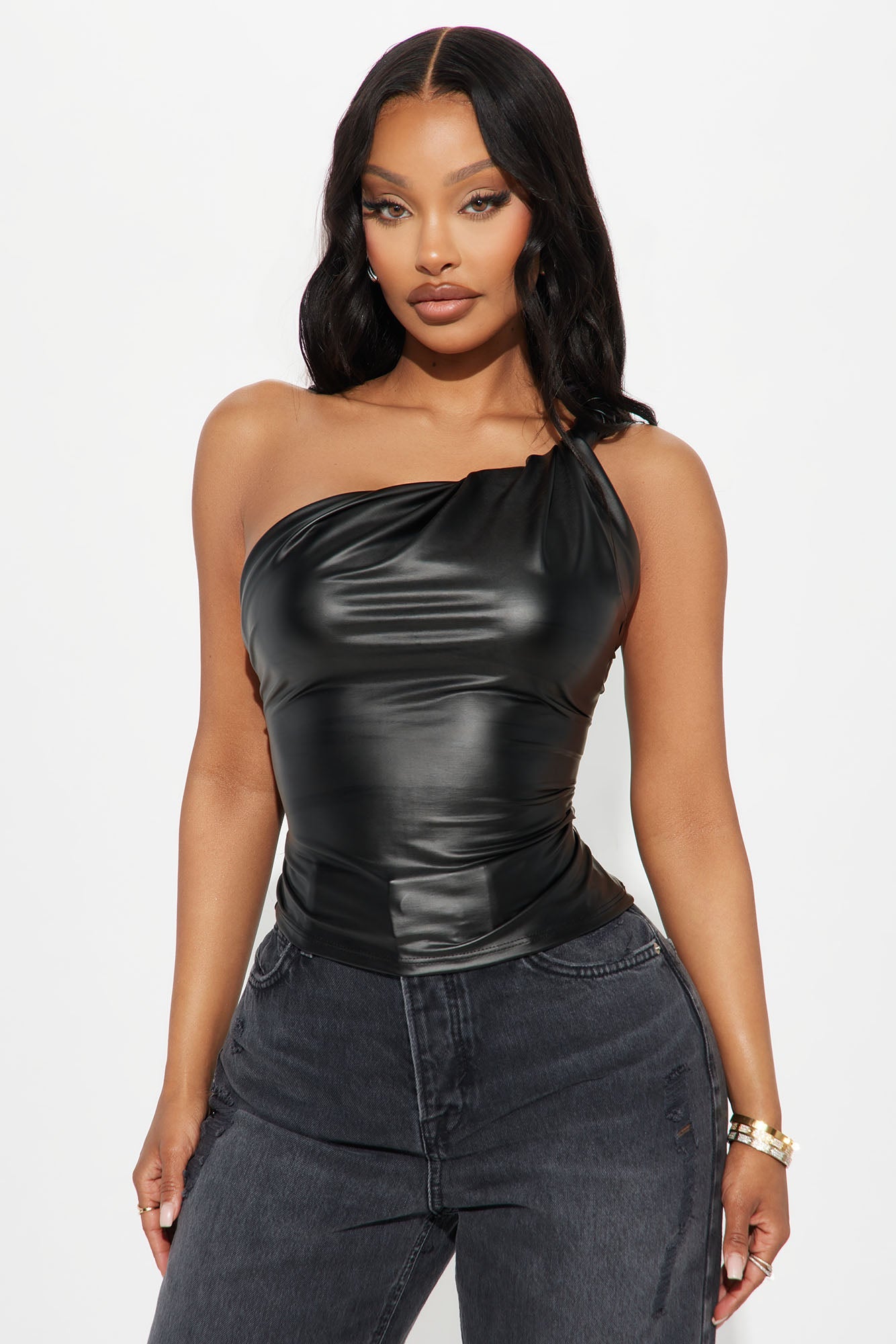 Fable Faux Leather One Shoulder Top - Black