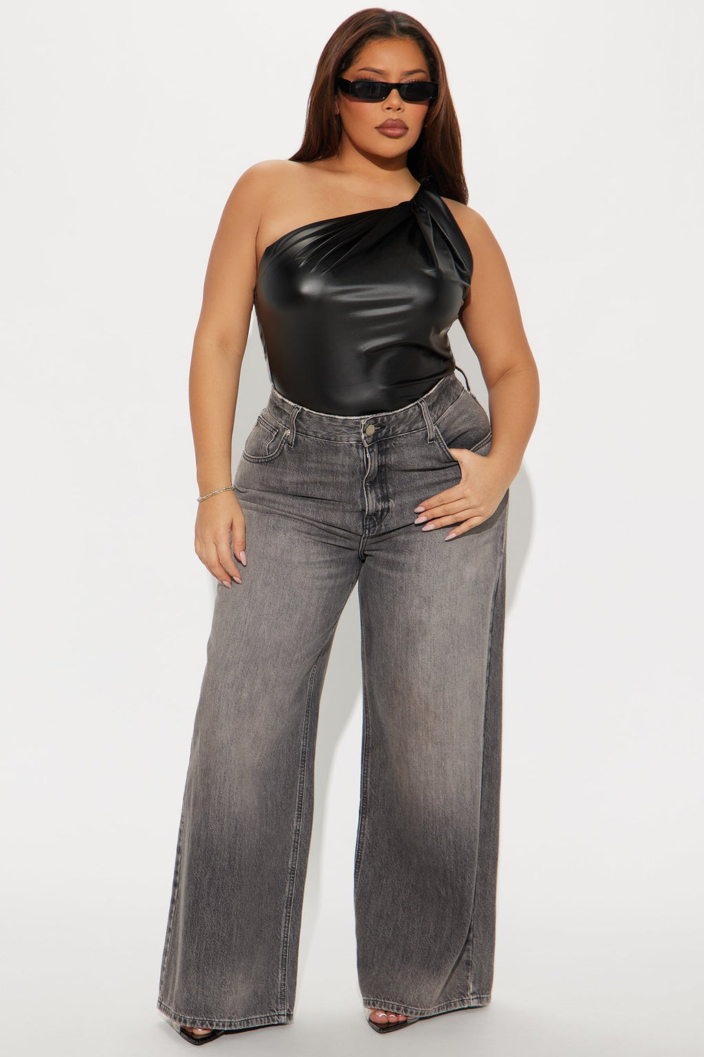 Fable Faux Leather One Shoulder Top - Black
