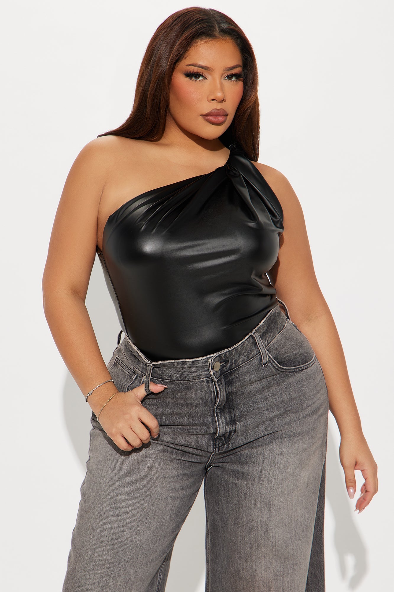 Fable Faux Leather One Shoulder Top - Black
