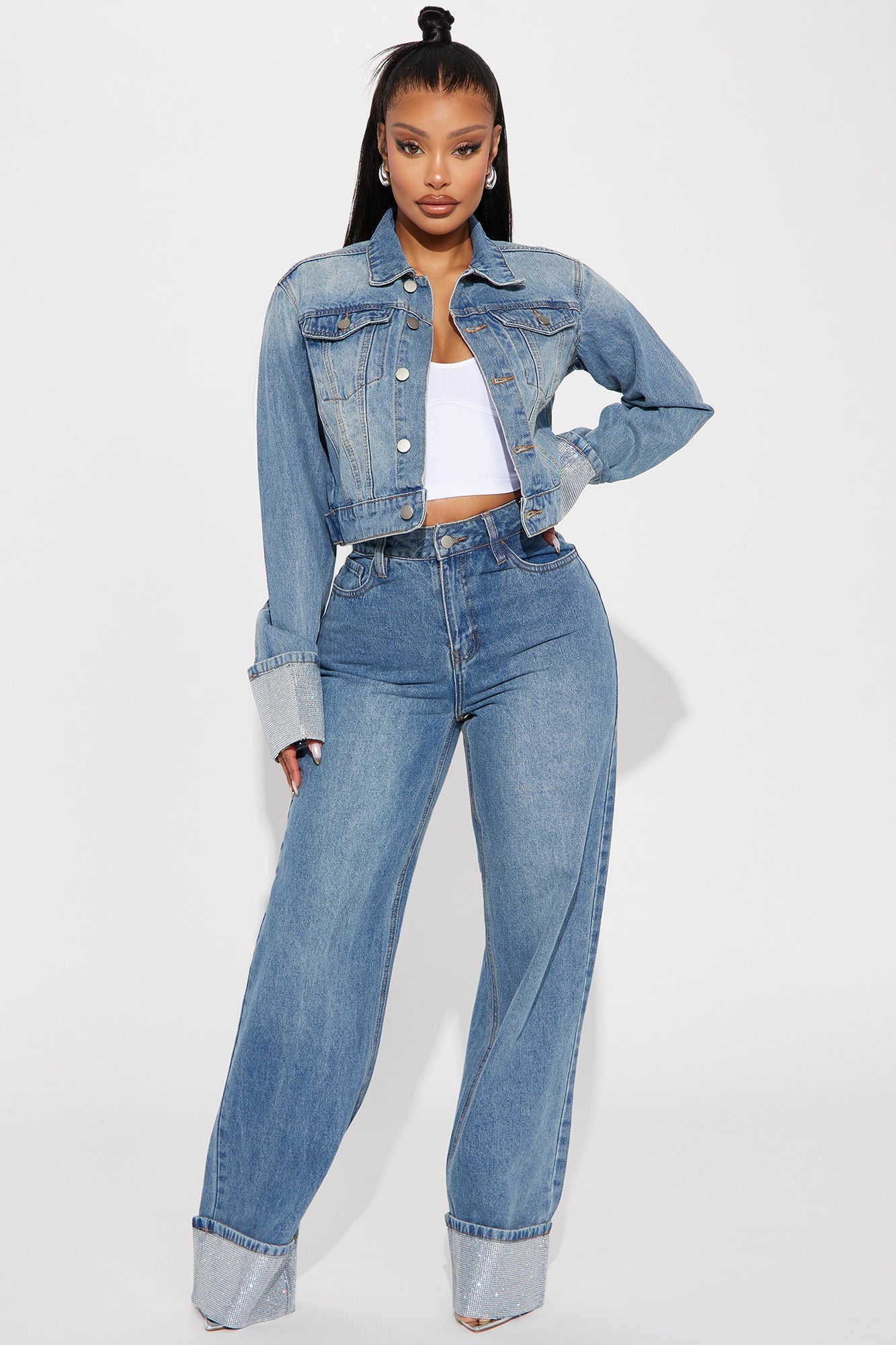 Influential Sparkle Baggy Straight Leg Jeans - Medium Wash