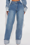 Influential Sparkle Baggy Straight Leg Jeans - Medium Wash
