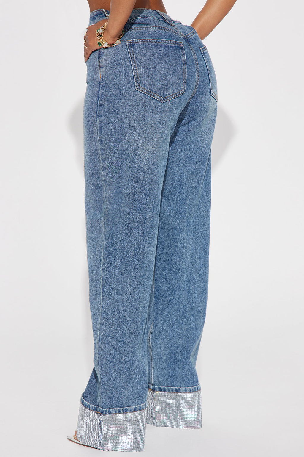 Influential Sparkle Baggy Straight Leg Jeans - Medium Wash