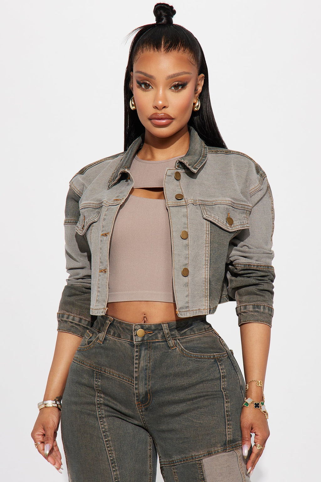 In Reverse Cropped Stretch Denim Jacket - Grey/combo