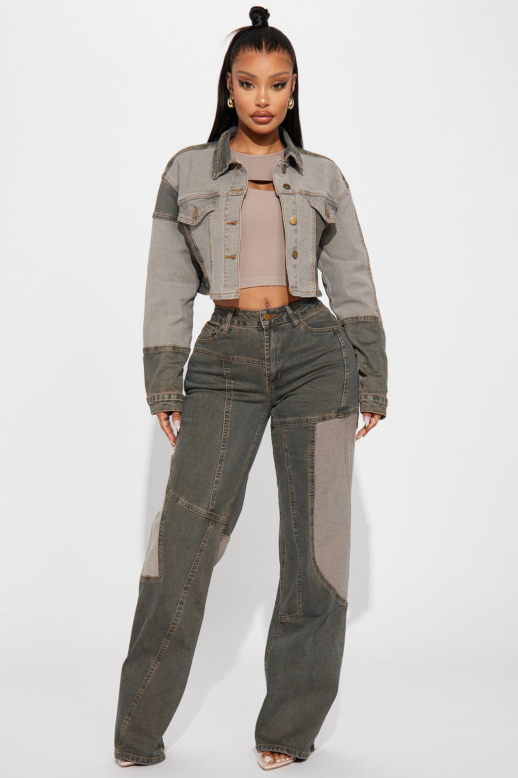 In Reverse Cropped Stretch Denim Jacket - Grey/combo