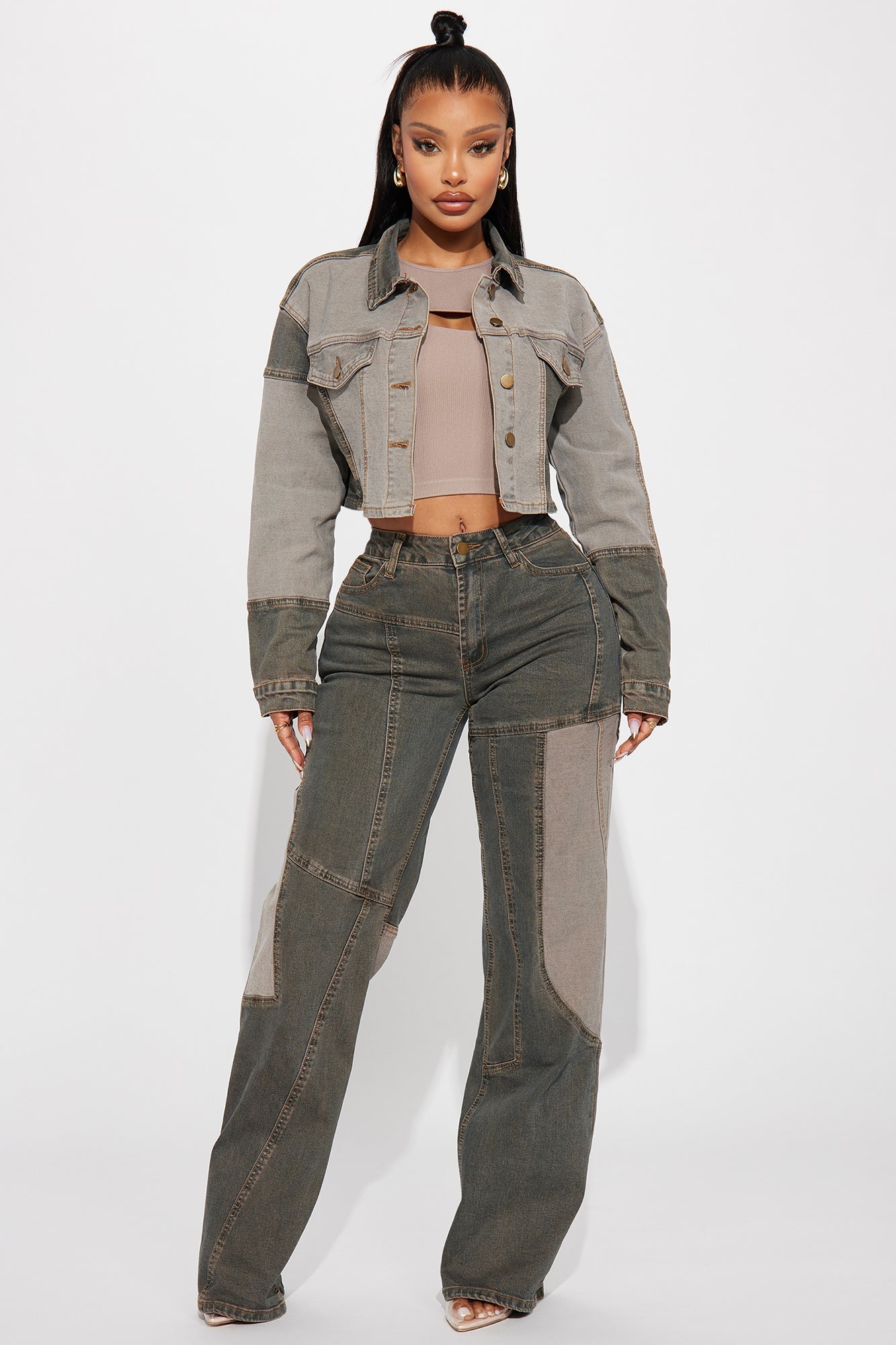 In Reverse Cropped Stretch Denim Jacket - Grey/combo